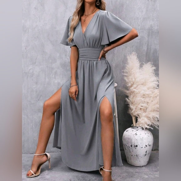 NEW Chic Ruched Waist Flutter Sleeve Maxi Dress Gray - Picture 2 of 9